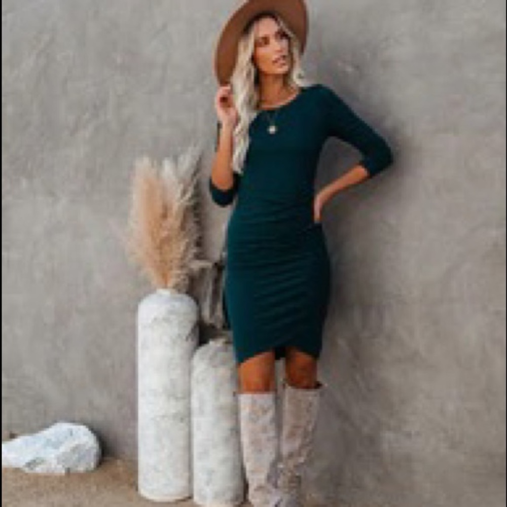 Long sleeve ruched knit dress